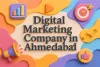3D design of “Digital Marketing Company in Ahmedabad” in Lora font with shadow, featuring vibrant icons.