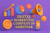 3D Digital Marketing Company in Amritsar banner with charts, megaphone, target, and mobile icons 