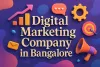 Colorful 3D design of “Digital Marketing Company in Bangalore” in Lora font with shadow, featuring icons