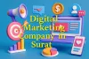 3D digital marketing tools and laptop scene with highlighted “Digital Marketing Company in Surat” text.