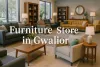 Modern furniture showroom in Gwalior with colorful sofas, armchairs, and decor under natural lighting.