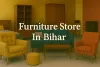 Colorful furniture showroom in Bihar with teal sofa, orange and yellow chairs, and stylish wooden decor.