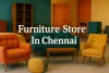 Colorful furniture showroom in Chennai with modern sofas, armchairs, and vibrant wall colors in a stylish, cozy interior.