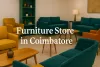 Colorful modern furniture showroom in Coimbatore with vibrant sofas, chairs, and stylish wooden tables.