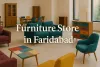 Colorful modern furniture showroom in Faridabad with vibrant decor, shadowed Lora font text, and stylish interior setup.