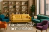 Colorful modern furniture in a bright Ghaziabad store with stylish sofas, chairs, wooden shelves, and natural light.