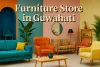 Colorful modern furniture store in Guwahati with vibrant interiors, shadowed Lora font text, and creative design elements.
