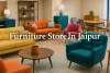 Colorful modern furniture showroom in Jaipur with stylish sofas, chairs, and decor in a vibrant, cozy layout.