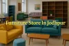 Colorful modern furniture showroom in Jodhpur featuring vibrant sofas, chairs, and stylish wooden interiors.