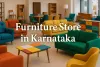 Colorful modern furniture showroom in Karnataka with vibrant sofas, chairs, and Lora font text highlighting store name.