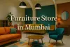 Colorful modern furniture store in Mumbai with stylish decor, Lora font shadowed text, and creative interior design setup.
