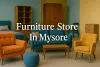 Colorful furniture showroom in Mysore with modern chairs, sofas, and stylish wooden decor in a cozy setting.