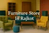 Colorful furniture showroom in Rajkot with stylish chairs, sofas, and modern wooden decor in a cozy, vibrant setting.