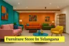 Colorful modern furniture showroom in Telangana with creative interior design, stylish decor,