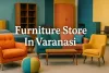 Colorful modern furniture showroom in Varanasi with vibrant chairs, sofas, and stylish decor.