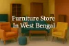 Colorful furniture showroom in West Bengal with teal sofa, orange and yellow chairs, and stylish wooden decor.