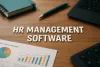 Realistic HR management software concept with charts, laptop, and bold text on wooden desk.