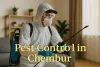 Pest control specialist spraying indoors in Chembur home with full safety gear and sprayer.
