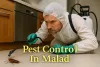 Pest control technician treating cockroach in Malad kitchen with bold highlighted text and protective gear.