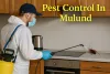 Pest control expert spraying cockroach in Mulund kitchen with bold yellow shadowed text and protective gear.
