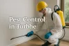 Pest control technician spraying inside a Turbhe home with safety gear and equipment.