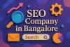 3D image of “SEO Company in Bangalore” in Lora font with shadow, featuring icons like search bar, graph