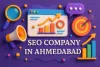 3D SEO Company in Ahmedabad banner with charts, megaphone, and target icons on a vibrant purple background.