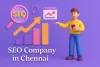 SEO Company in Chennai with bar graph, magnifying glass, and character holding a phone.
