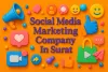 Colorful 3D banner showing “Social Media Marketing Company in Surat” with Lora font and shadow effects