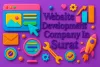 3D digital banner showing "Website Development Company in Surat" in Lora font with shadow effects and vibrant colors.