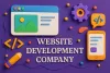 3D Website Development Company in Ahmedabad banner with browser, mobile, and coding icons on a vibrant purple background.