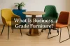 Colorful modern office furniture set with text “What Is Business Grade Furniture?” in stylish Lora font with shadow effect.